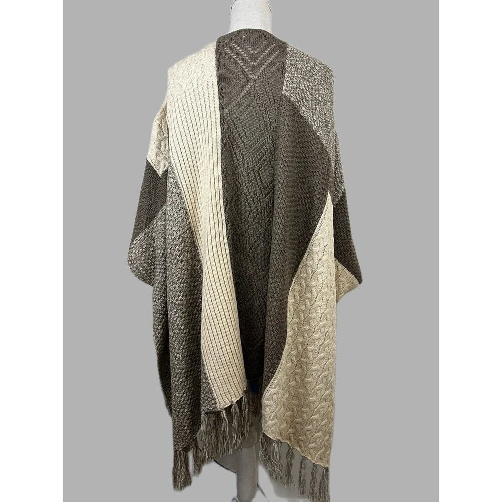 Knox Rose Womens XXL Colorblock Cable Knit Open Fringe Poncho Cardigan